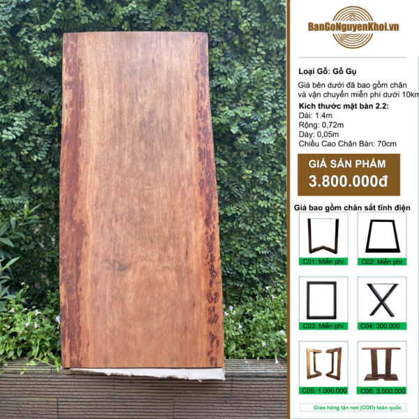 bàn gỗ gụ nguyên khối 1m4