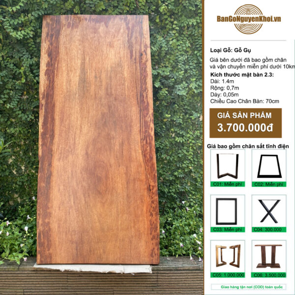 bàn gỗ gụ nguyên khối 1m4