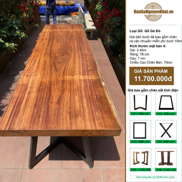 bàn gỗ gõ đỏ nguyên tấm dài 2m45