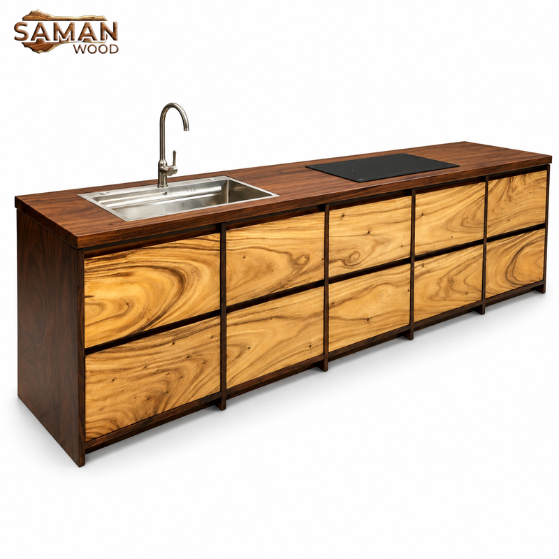 Tủ Bếp Gỗ Tự Nhiên + Mặt Gỗ Nguyên Tấm 3000mmx650mm
