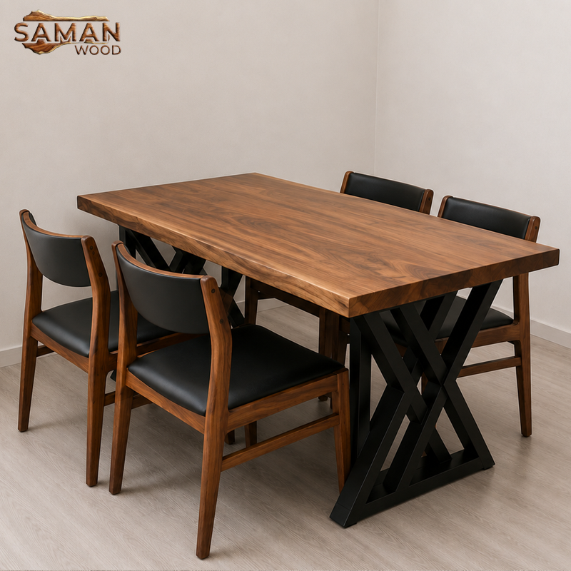 Bàn Ăn Gỗ Me Tây Nguyên Tấm 1m2 x 60 Dày 5cm – Chân Sắt 2X Sơn Đen Tĩnh Điện + Ghế Benla Nệm Đen