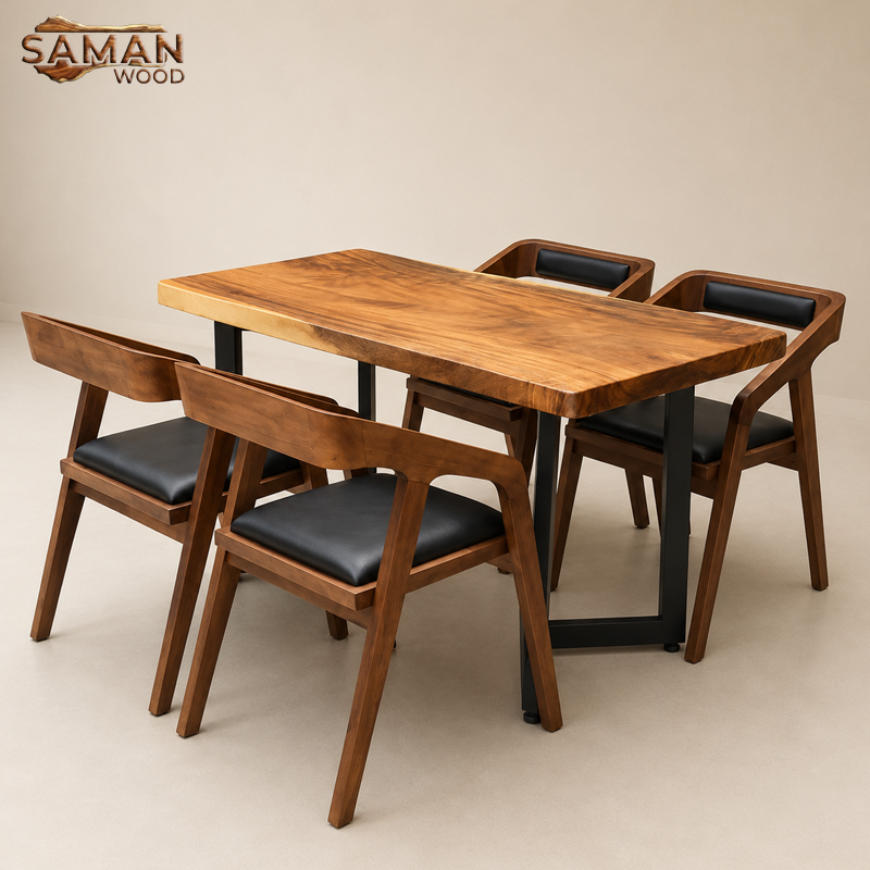 Bàn Ăn 4 Ghế (Chân Sắt V) + Ghế Katakana Nệm Đen