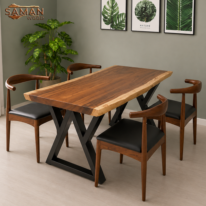 Bàn Ăn 4 Ghế (Chân Sắt Kim Cương) + Ghế Elbow Nệm Đen