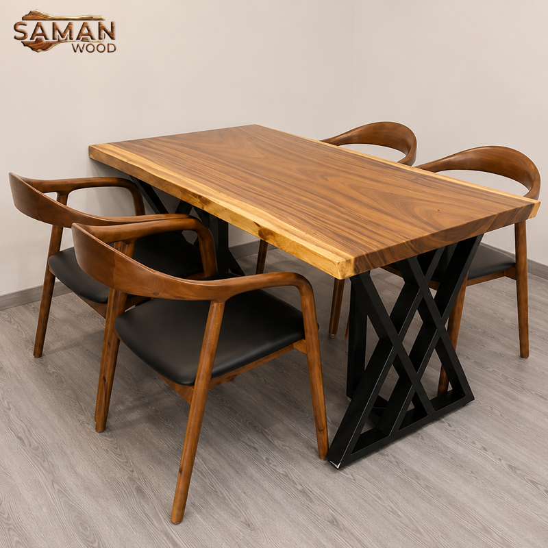 Bàn Ăn Gỗ Me Tây Nguyên Tấm 1m2x60 4 Ghế Neva Chân Sắt 2X