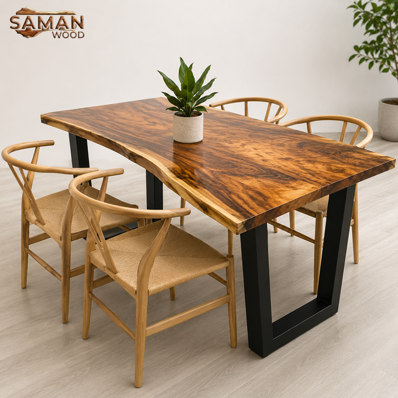 Bàn Ăn Gỗ Me Tây Nguyên Tấm 1m2 x 60 Dày 5cm – Chân Sắt U Sơn Tĩnh Điện + 4 Ghế Wishbone Đan Dây
