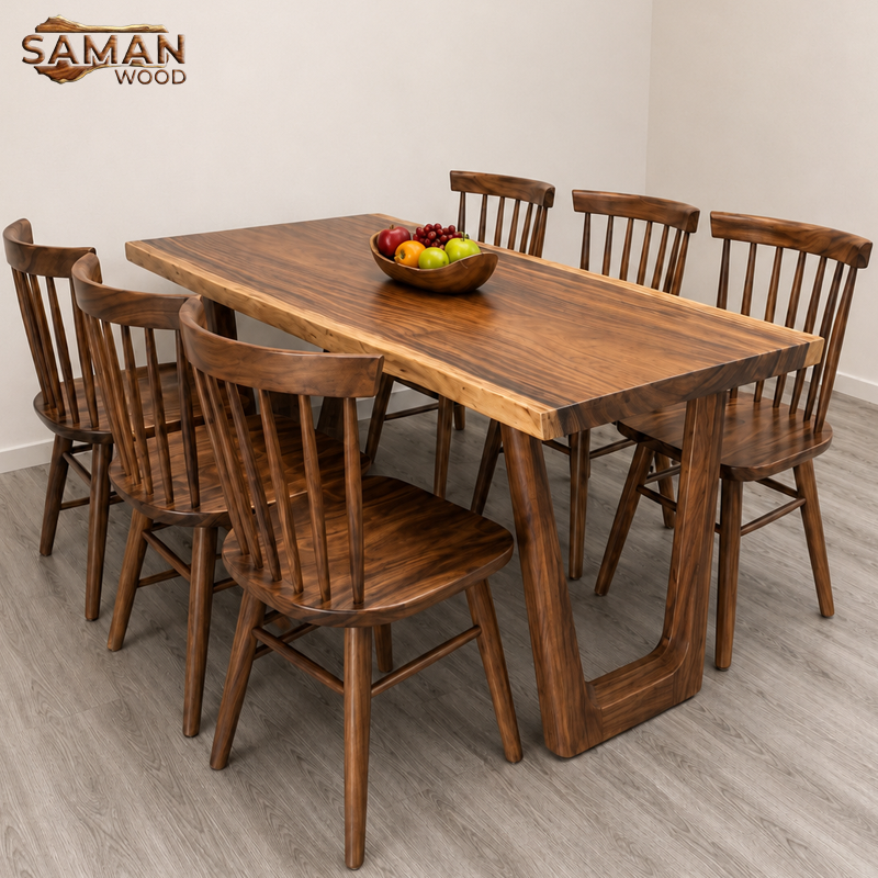 Bàn Ăn 6 Ghế Me Tây 7 Nan + Chân Gỗ V Bo Cong Thiết Kế