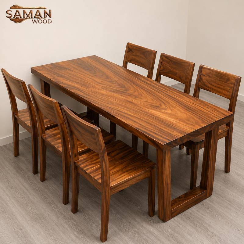 Bàn Ăn 6 Ghế Me Tây Tựa Xéo + Chân Gỗ U 1m6x75