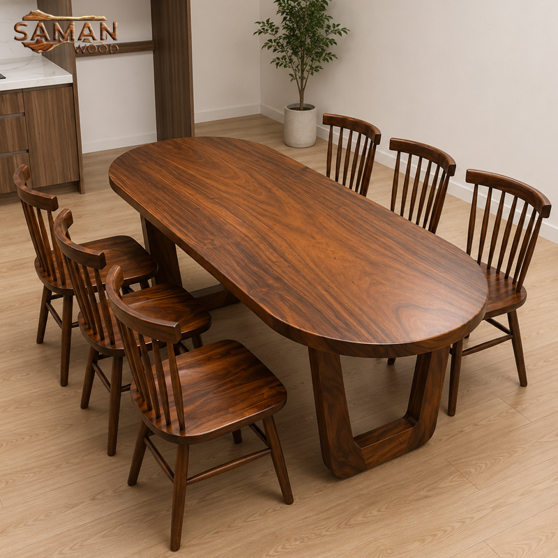 Bàn Ăn Bo Cong 6 Ghế Me Tây 7 Nan + Chân Gỗ V Bo Thiết Kế 2mx80