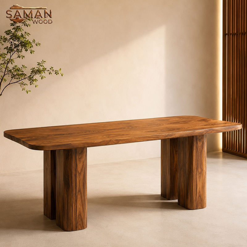 Bàn Ăn Gỗ Me Tây Nguyên Tấm 2m x 80cm, 4 Chân Trụ Bo Cạnh
