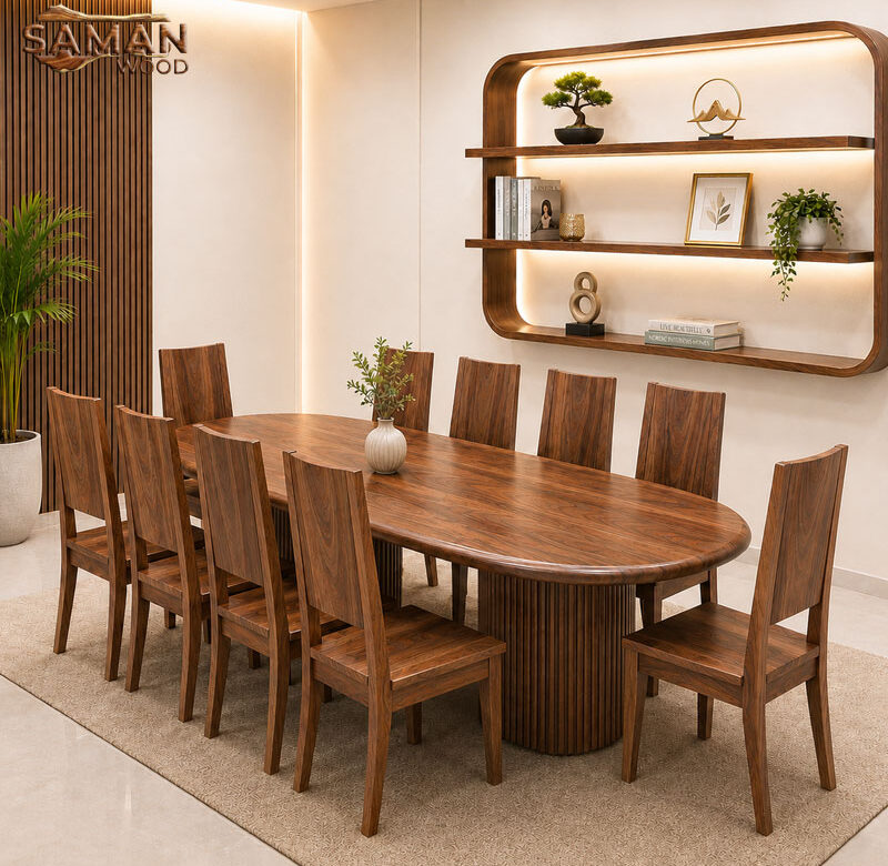 Bàn Ăn 10 Ghế Ba Tiêu Gỗ Me Tây Tự Nhiên 2m8x80 Dày 5cm Chân Bán Nguyệt Chỉ Sọc Cao Cấp