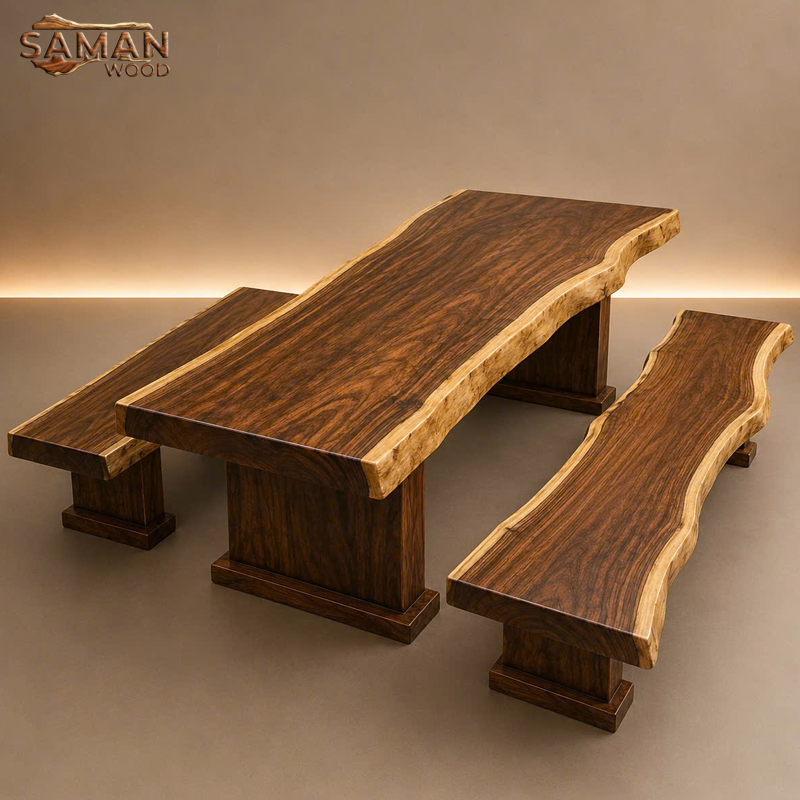 Bộ K3 Bàn Gỗ Me Tây Chân Tảng Nguyên Khối 1m8 x 80cm x 10cm - Cạnh Tự Nhiên
