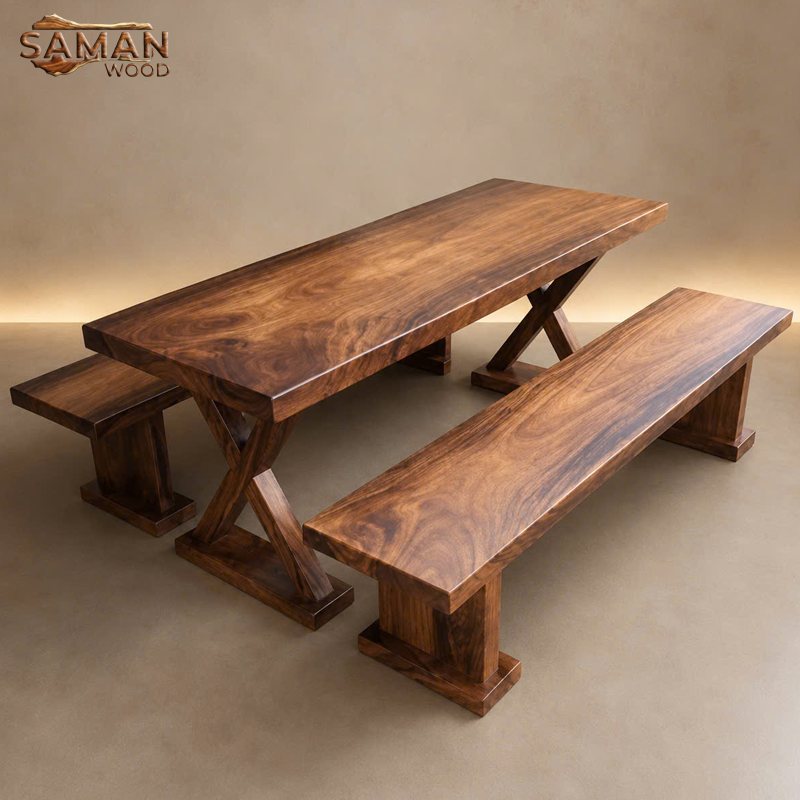 Bộ K3 Bàn Gỗ Me Tây Nguyên Khối 1m8 x 80cm Dày 5cm Chân Chữ X Kèm 2 Ghế Băng