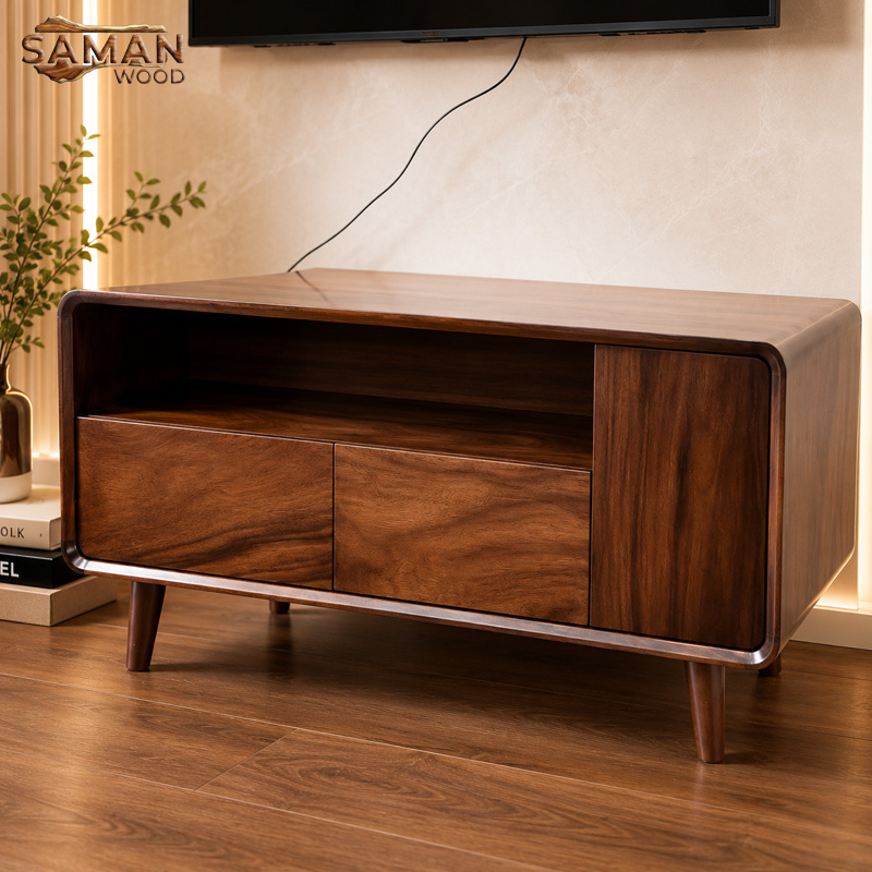 Kệ Tivi Gỗ Me Tây Tự Nhiên Bo Cong Hiện Đại 1m2 – Saman Wood