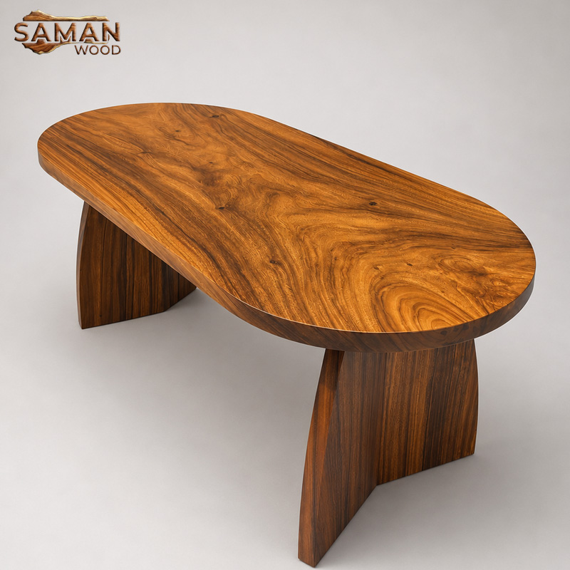 Bàn Ăn Gỗ Me Tây Nguyên Tấm Chân Oval 2 Đầu Bo Tròn