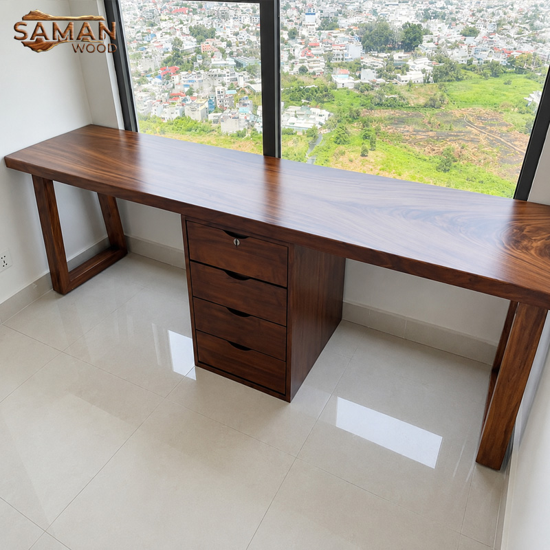 Bàn Làm Việc 2 Người Ngồi Có Hộc Tủ Gỗ Tự Nhiên Me Tây