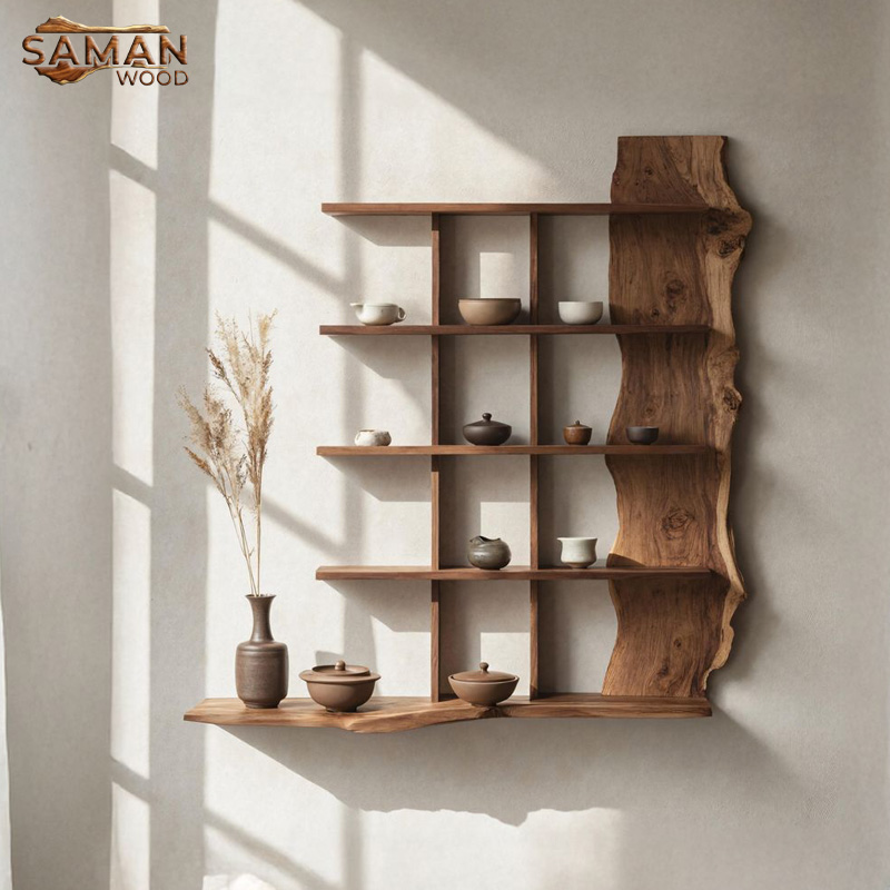 Kệ treo tường phong cách Japandi/Wabi Sabi kết hợp gỗ nguyên tấm
