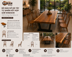 Bộ Bàn Ghế Gỗ Me Tây Tự Nhiên Kết Hợp Ghế Windsor – Vẻ Đẹp Tinh Tế Cho Không Gian Hiện Đại