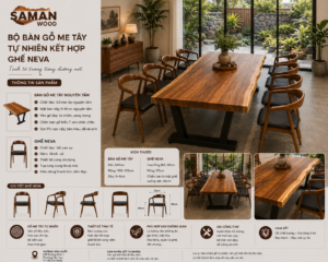 Bộ Bàn Gỗ Me Tây Tự Nhiên Kết Hợp Ghế NEVA – Sang Trọng, Bền Đẹp Cho Mọi Không Gian