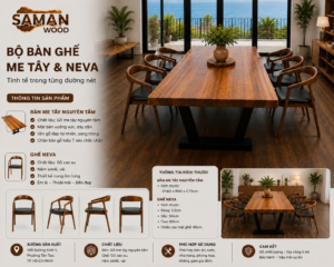 Bộ Bàn Gỗ Me Tây Vuông Vức Kết Hợp Ghế NEVA – Vẻ Đẹp Hiện Đại Cho Mọi Không Gian