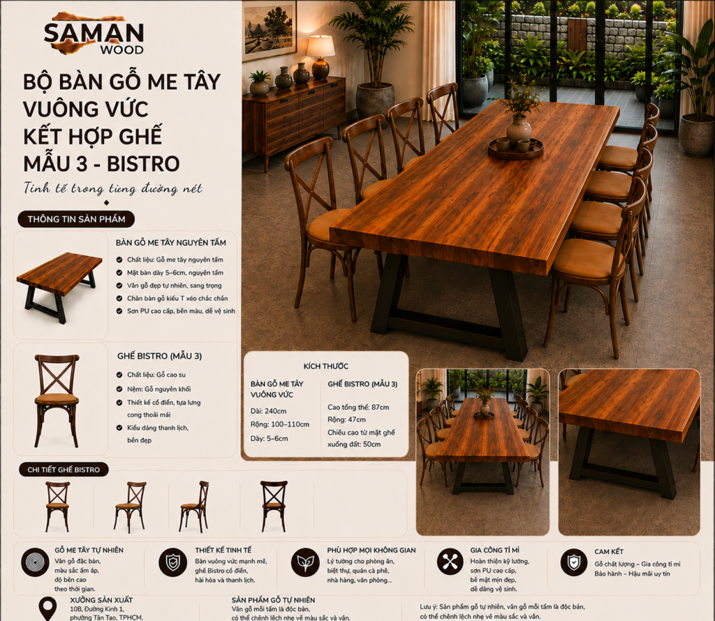 Bộ bàn gỗ me tây nguyên tấm 240cm kết hợp ghế Bistro mẫu 3, thiết kế sang trọng, chắc chắn, vân gỗ độc bản. Khám phá sản phẩm tại SAMAN WOOD.