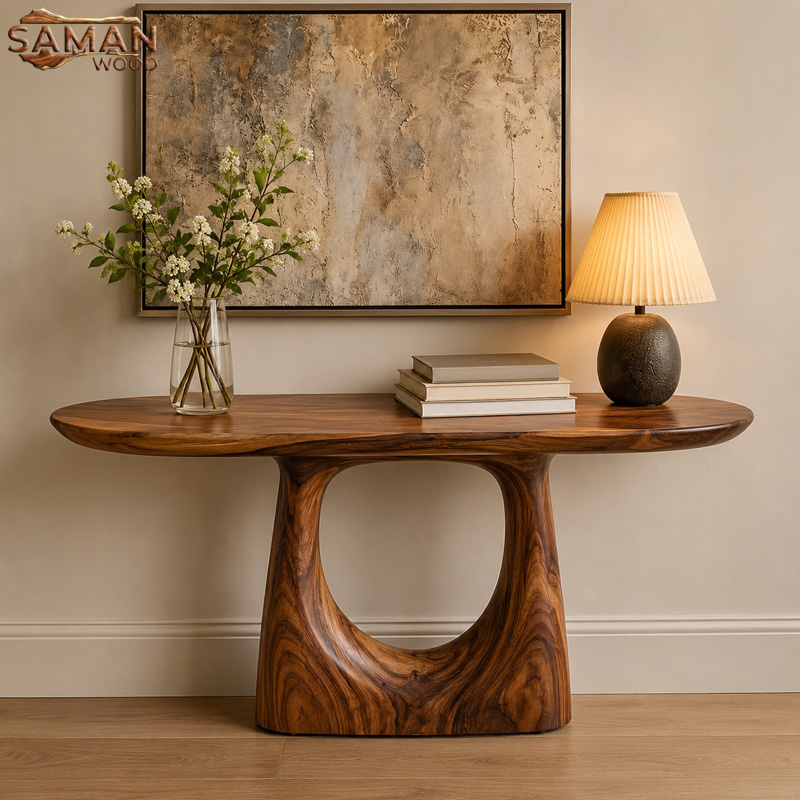Bàn Console Oval Trang Trí Gỗ Me Tây Tự Nhiên – Chân Bo Nghệ Thuật Cao Cấp