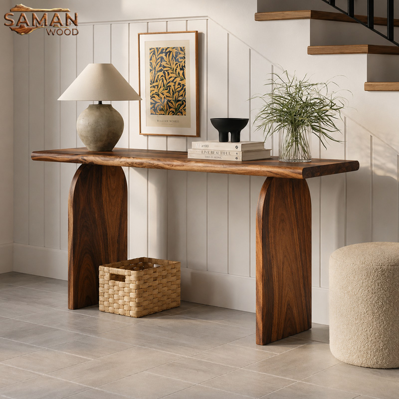 Bàn Console Trang Trí Gỗ Tự Nhiên Me Tây Nguyên Tấm - Chân Bo Bán Nguyệt