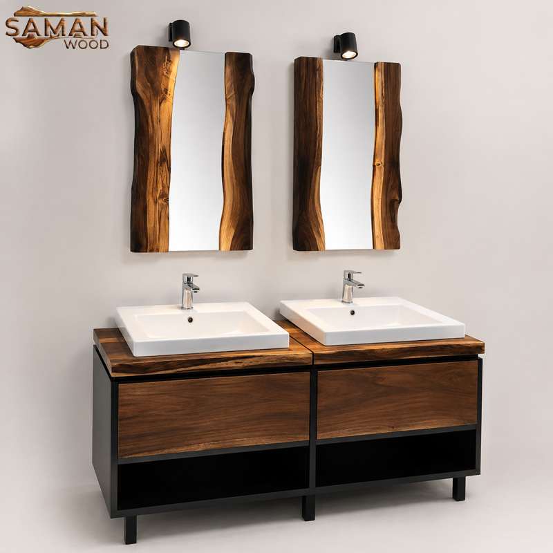 Kính Gương Nhà Tắm Kết Hợp Gỗ Me Tây | Saman Wood
