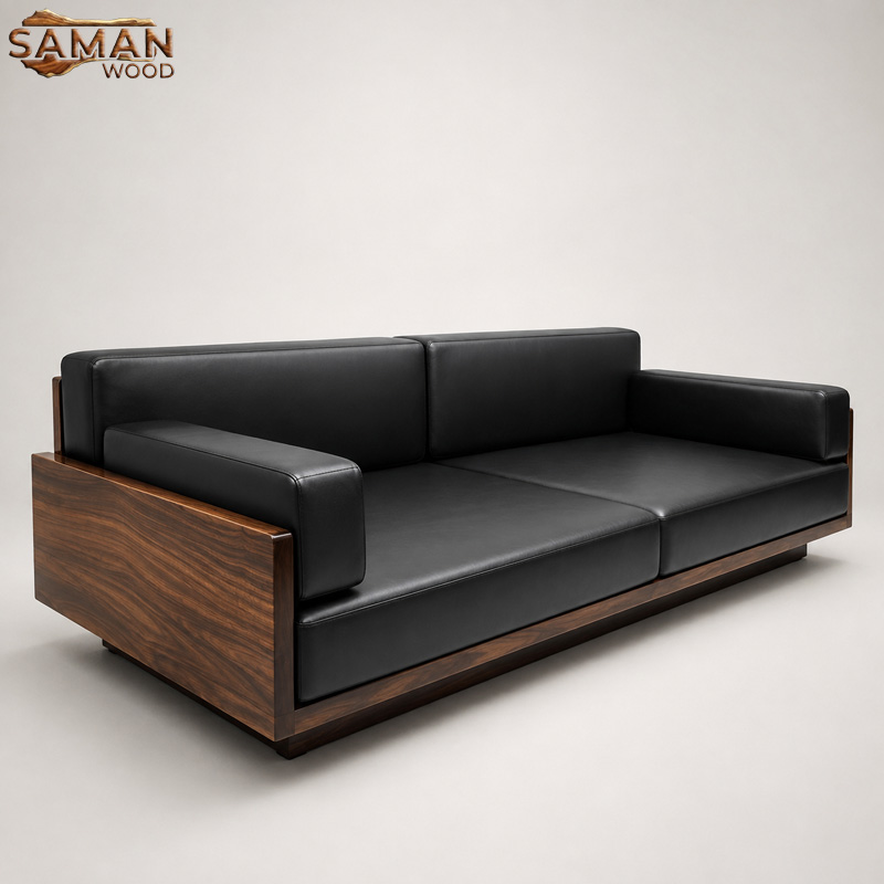 Ghế Sofa Gỗ Tự Nhiên Me Tây Nguyên Tấm Kết Hợp Nệm Đen Phong Cách Japanese/Mid-Century – Dài 2m4